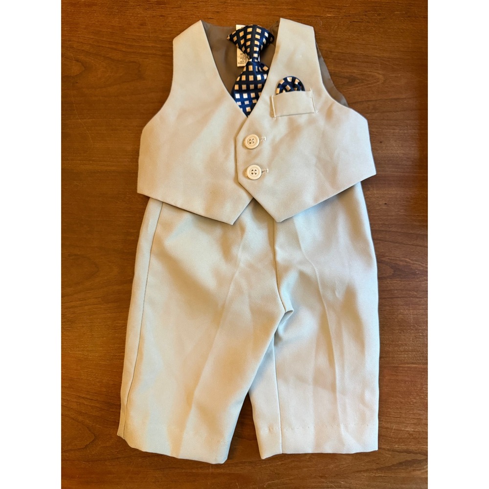 Infant Boys 4-Piece Formal Vest Set Tan Navy Checkered Tie 3-6 Months